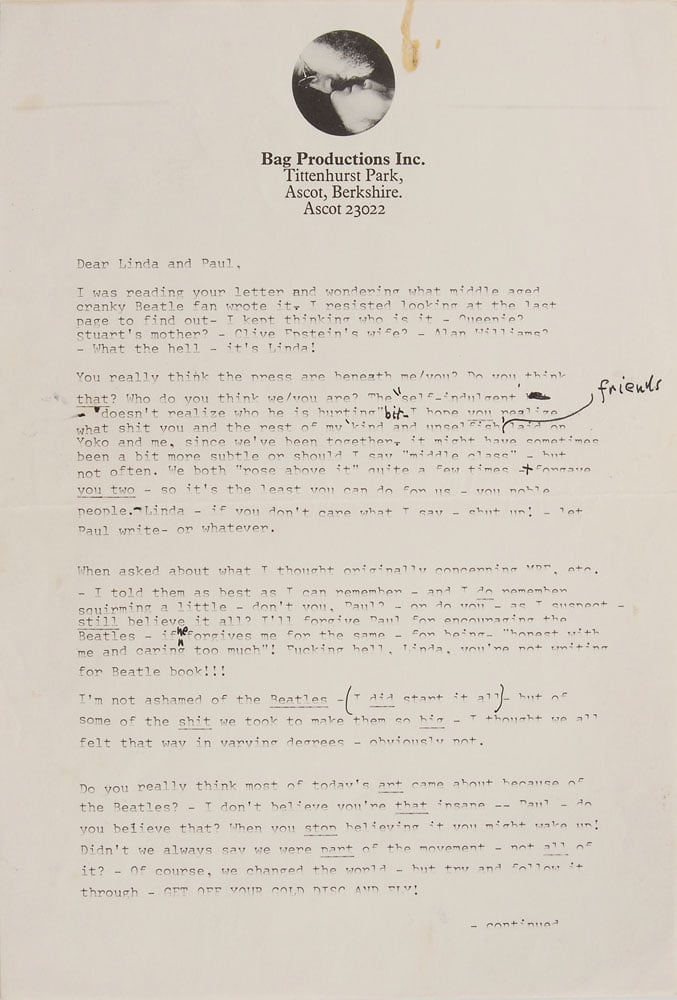 The first page from the typed and overwritten letter from John Lennon to Paul McCartney