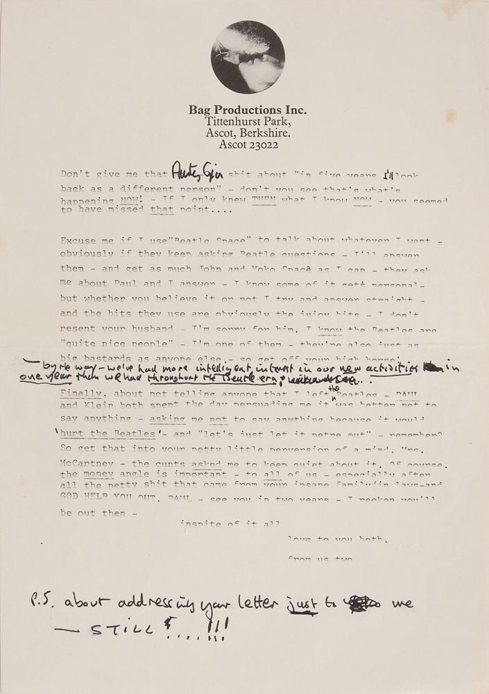 A page from the typed and overwritten letter from John Lennon to Paul McCartney