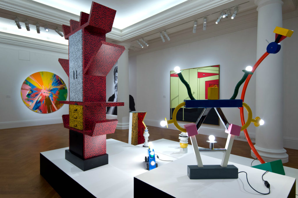 Installation view of works by Memphis at the exhibition "Bowie/Collector" at Sotheby's London. Photo ©Sotheby’s.