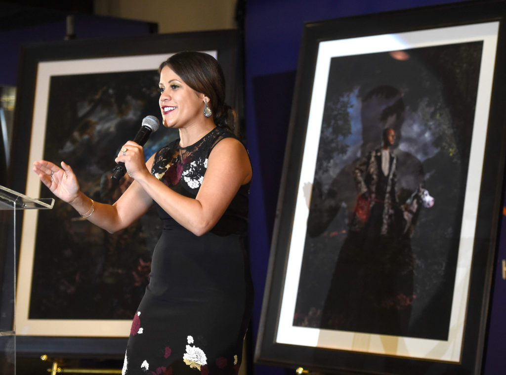 Gabriela Palmieri speaks onstage at "Modern Kings of Culture" Art Auction in 2014. Courtesy of Frazer Harrison/Getty Images for Grey Goose.