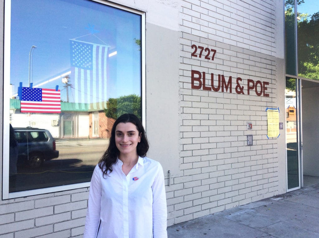 A voter leaving the official polling site at Blum & Poe. Photo: courtesy of Blum & Poe.
