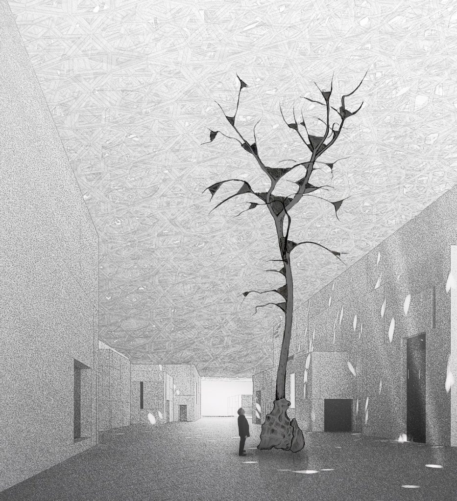 Model of Guiseppe Penone, Leaves of Light, (2016) at the Louvre Abu Dhabi by Ateliers Jean Nouvel,. Image courtesy the Louvre Abu Dhabi, ©Giuseppe Penone. 