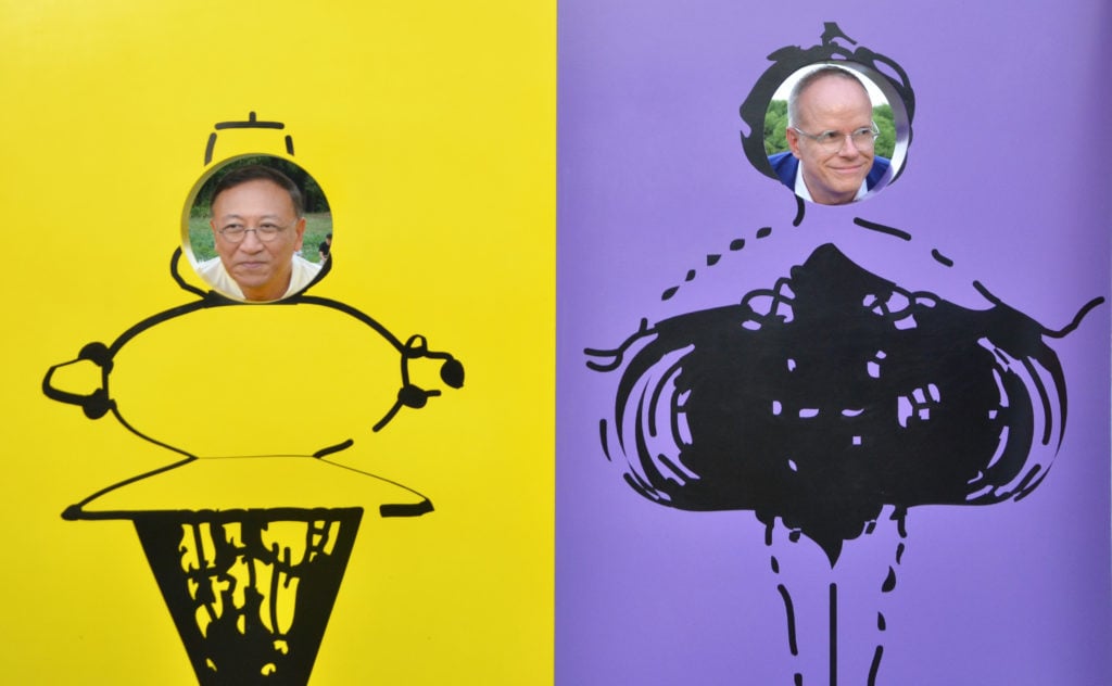 Dr. Yongwoo Lee and Hans Ulrich Obrist at the Liam Gillick installation at Century Park, part of Shanghai Project. Courtesy of Shanghai Project.
