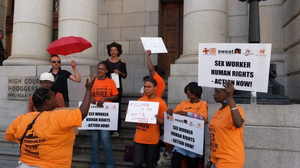 SWEAT protesters outside of Zwelthu Mthethwa trial at the Western Cape High Court. Photo courtesy SWEAT.