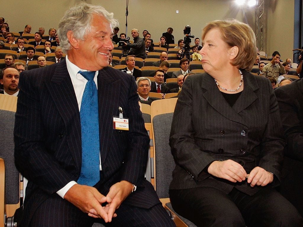 Hasso Plattner, co-founder of the software affiliated group SAP and the Hasso Plattner Institute and Chancellor Angela Merkel attend to the IT Summit at the Hasso Plattner Institute on December 18, 2006 in Potsdam, Germany. Photo by Carsten Koall/Getty Images.