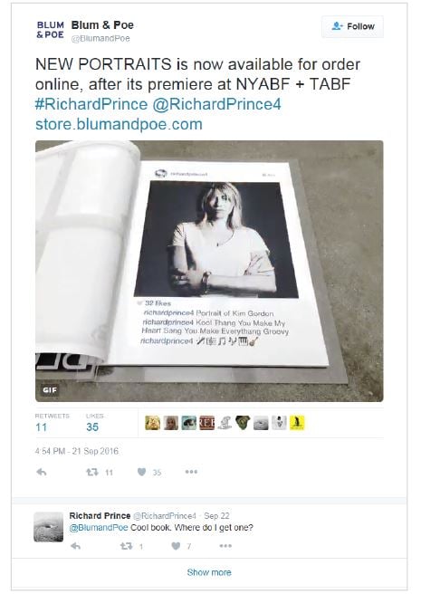Instagram posts attached as exhibits to the lawsuit include a Blum and Poe photo of the portraits book,