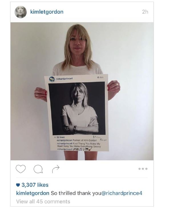 Instagram posts attached as exhibits to the lawsuit include this post by Kim Gordon holding Prince's signed inkjet portrait of her.