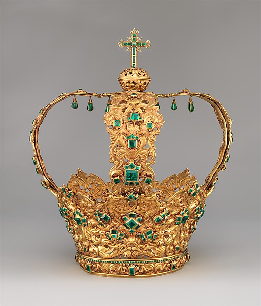 Unknown Artist Crown of the Virgin of the Immaculate Conception, known as the Crown of the Andes, ca. 1660–1770 Colombian, Gold, repoussé and chased; emeralds; 13 1/2 in. (34.3 cm) Body diameter: 13 1/4 in. (33.7 cm) The Metropolitan Museum of Art, New York, Purchase, Lila Acheson Wallace Gift, Acquisitions Fund and Mary Trumbull Adams Fund, 2015 (2015.437) http://www.metmuseum.org/Collections/search-the-collections/21698
