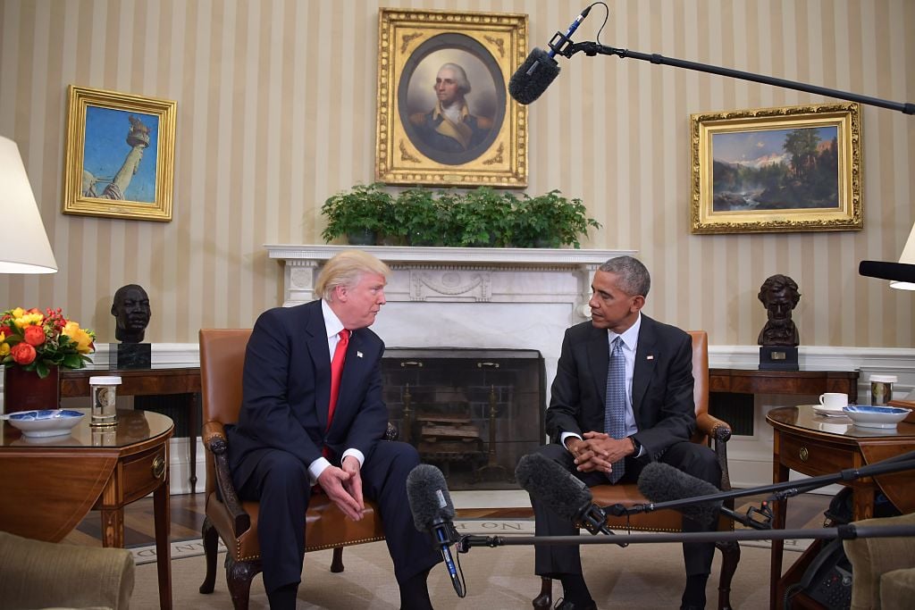 US President Barack Obama meets with President-elect Donald Trump on transition planning in the Oval Office at the White House on November 10, 2016 in Washington,DC. Photo Jim Watson/AFP/Getty Images.