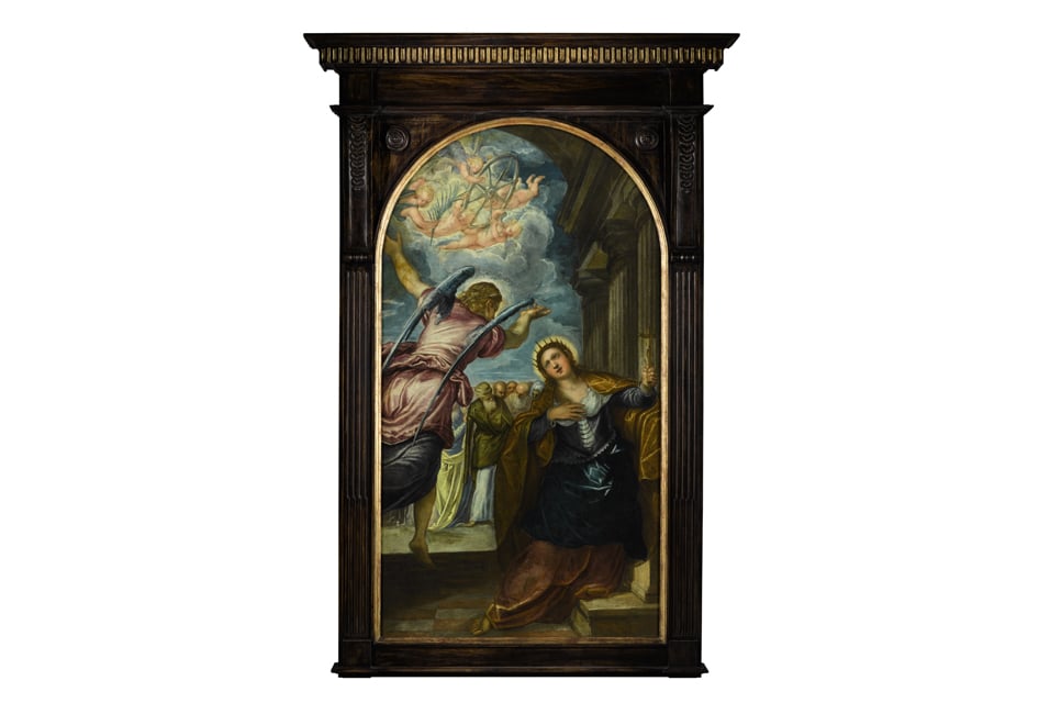 Jacopo Robusti, called Jacopo Tintoretto and Studio (1518 – 1594), The Angel foretelling Saint Catherine of Alexandria of her martyrdom Oil on canvas with an arched top, relined as a rectangle, 177.1 by 99.3cm.