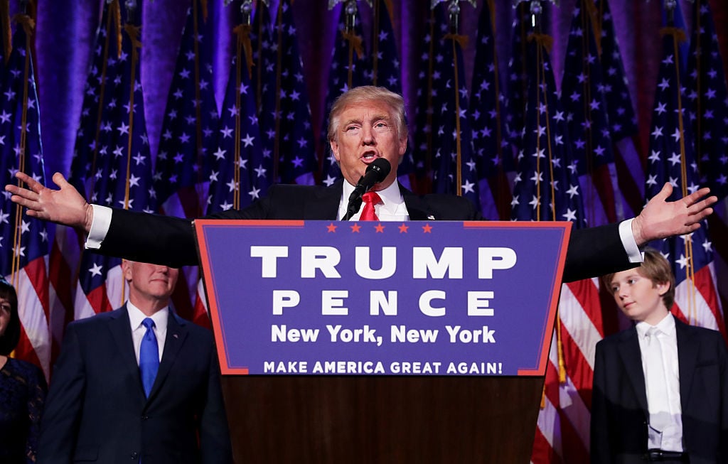 Republican president-elect Donald Trump delivers his acceptance speech during his election night event at the New York Hilton Midtown in the early morning hours of November 9, 2016 in New York City. Photo Chip Somodevilla/Getty Images.