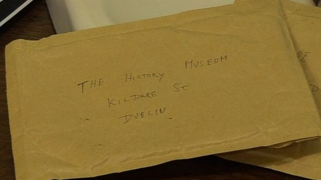 One of the envelopes used to deliver the anonymous finds. Courtesy the National Museum of Ireland 