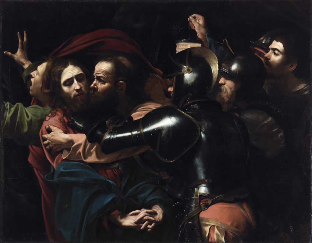 Michelangelo Merisi da Caravaggio, The Taking of Christ (1602) On indefinite loan to the National Gallery of Ireland from the Jesuit Community, Leeson St., Dublin who acknowledge the kind generosity of the late Dr Marie Lea-Wilson. Photo ©The National Gallery of Ireland, Dublin.