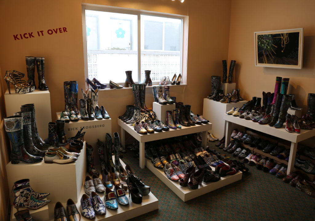 Rick-Skogsberg showed over 200 hand painted shoes at Big Town Gallery. Courtesy of Satellite Art Show.