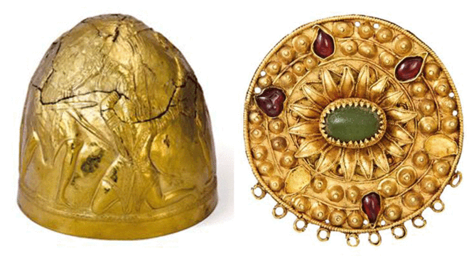 A Scythian gold helmet (L) from the 4th century BC is among the disputed artifacts. Courtesy Allard Pierson Museum, Amsterdam.