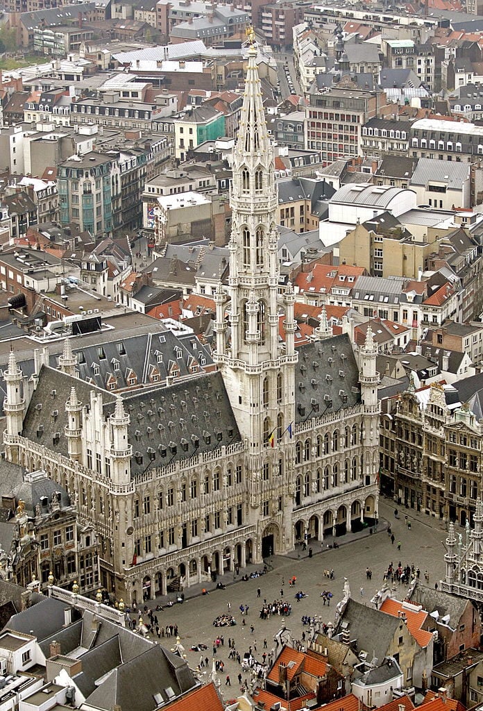 Aerial view of the City Hall and on the Grand Place / Grote Markt of Brussels taken, 23 April 2006. Courtesy of BENOIT DOPPAGNE/AFP/Getty Images.