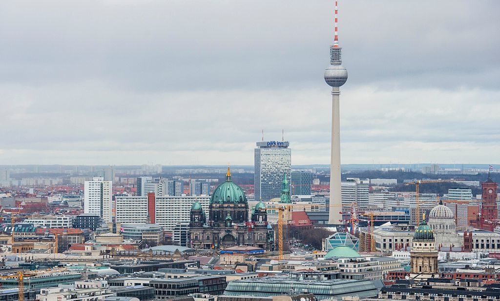 View of the Berlin skyline seen from Potsdamer Platz to Alexanderplatz, including the TV Tower, the Berlin Cathedral (R), the Berlin palace under construction and the city's town hall. Courtesy of JOHN MACDOUGALL/AFP/Getty Images.