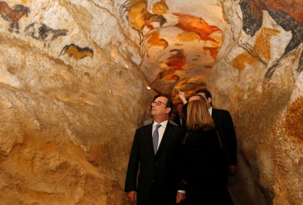 French President Francois Hollande visits Lascaux 4, a new replica of the prehistoric paintings of the Lascaux cave, in Montignac, on December 10, 2016. Regis Duvignau/AFP/Getty Images.
