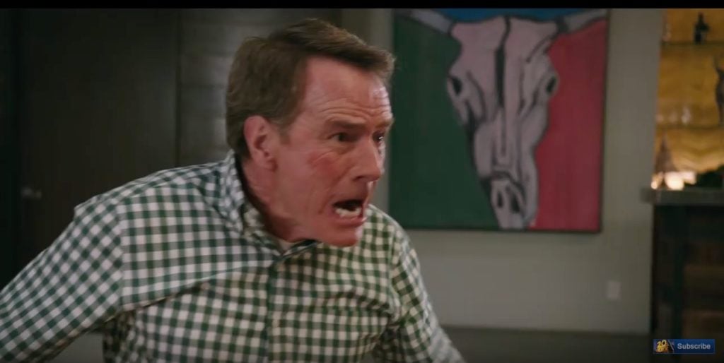 Bryan Cranston's character in front of James Franco's painting in the new romantic comedy Why Him. Photo: screenshot via YouTube.