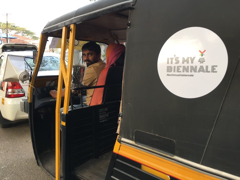 A rickshaw equipped with the work of artist Voldemars Johansons bears its place in the Biennale proudly. Photo: Skye Arundhati Thomas.