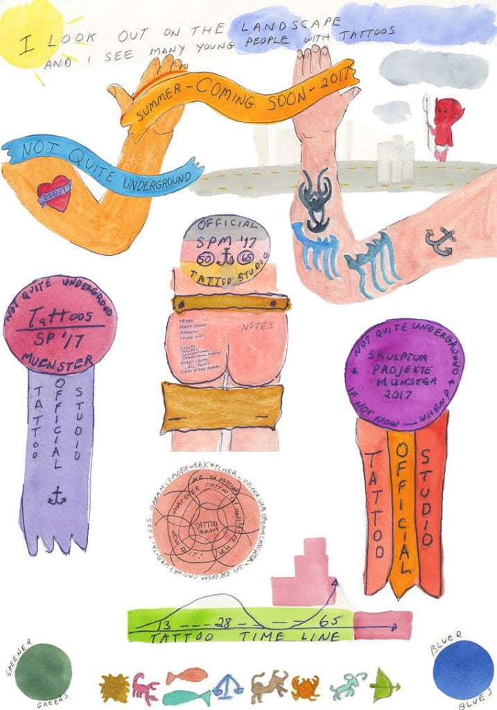 Michael Smith's drafts for tattoos for people aged 65 and up., part of Michael Smith, Not Quite Under_Ground Tattoo Studio, proposal for Münster Skulptur Projekte 2017. Image courtesy Münster Skulptur Projekte.