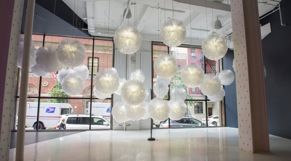 "LUMA" an installation by Lisa Park and Kevin Siwoff, part of NEW INC Showcase 2015 at Red Bull Studios in July 2015. Courtesy Red Bull Arts New York.