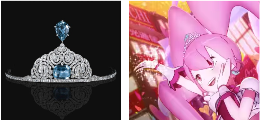 Left: AIgrette tiara by Cartier. Courtesy of artnet Price Database. Right: Still from 6[heart]Princess, a video by Takashi Murakami for Shu Uemura via Youtube.