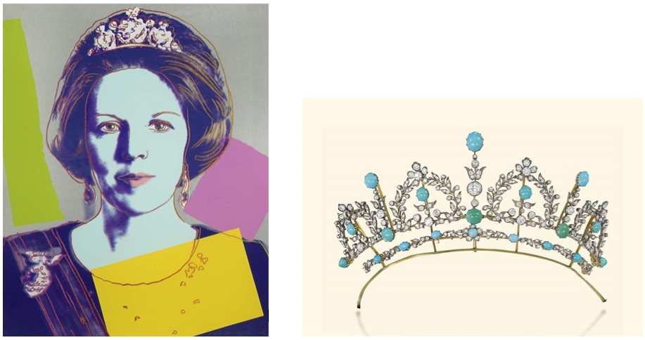 Left: Warhol's portrait of Queen Beatrix. Courtesy of artnet Price Database. Right: A late Victorian turquoise and diamond tiara. Courtesy of artnet Price Database.