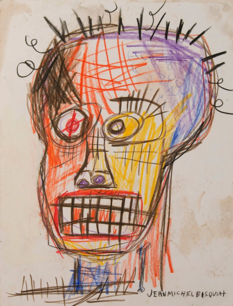 Jean-Michel Basquiat, Untitled (colorful skull face). Courtesy of Bishop Gallery.