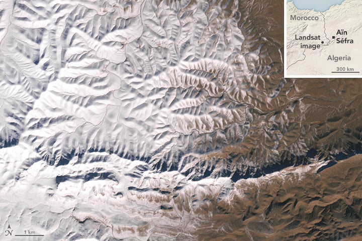 Snow in the Sahara as photographed by NASA's Lansat 7 satellite. Courtesy of NASA.