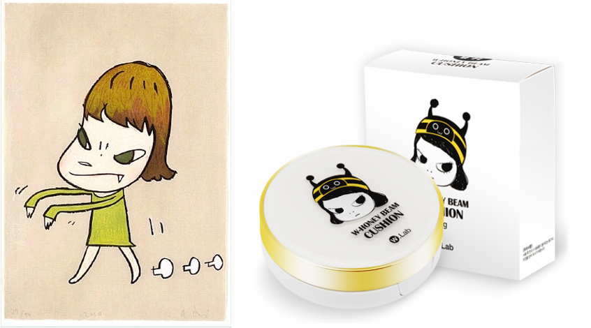 Left: Yoshitomo Nara, Walk On (2010). Courtesy Artificial Gallery. Right: M.Lab's 'W-Honey Beam Cushion,' which Yoshitomo has accused of "crossing the line of mere resemblance" to his work. Image courtesy Korea Department Store.