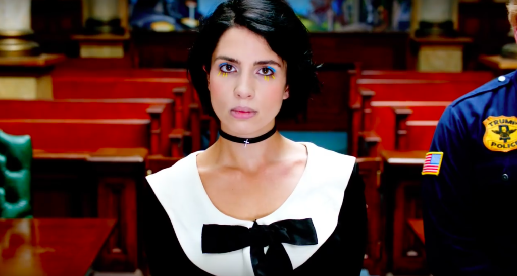 Nadia Tolokonnikolva as a dissident in Trump's America in Pussy Riot's video 