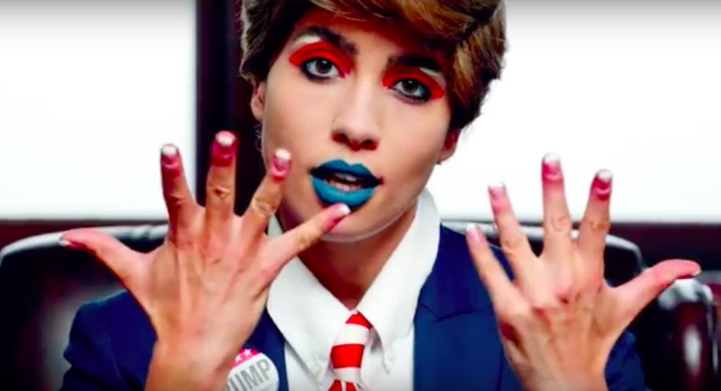 Nadya Tolokonnikova as Donald Trump in Pussy Riot's video "Make America Great Again." Photo via YouTube.