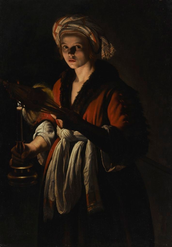 Adam de Coster, <em>A Young Woman Holding a Distaff Before a Lit Candle</em>. Courtesy of Sotheby's New York. 