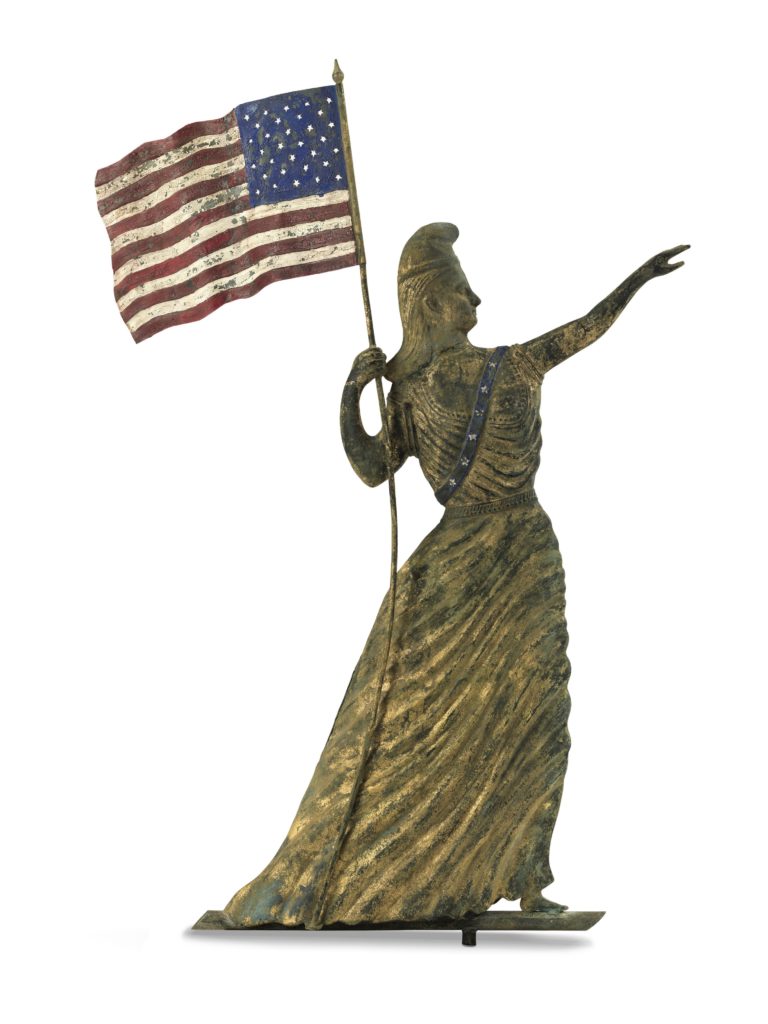 Important Gilt and Painted Molded Copper Goddess of Liberty with Flag Weathervane, possibly by J.L. Mott Ironworks, New York, circa 1880. Sold for $125,000. Courtesy of Sotheby's New York.