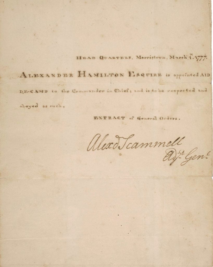 Alexander Hamilton's Appointment As Aide-De-Camp To General George Washington Manuscript (1777). Sold for $212,500. Courtesy of Sotheby's. 