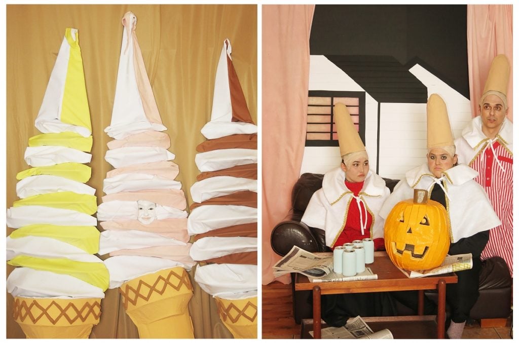 Jaimie Warren,<i>Self-portrait as an Ice-Cream Cone/Self-portrait as a Conehead in Those 3 ice-creams Totally Looks like the Cone-heads from SNL by anonnny</i><br /> (2016). Courtesy of The Hole.