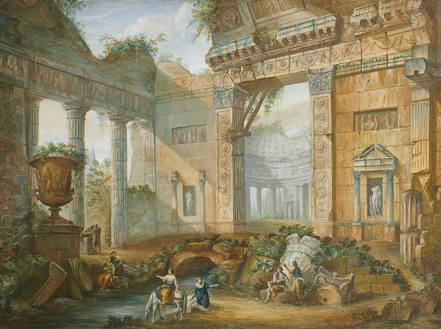 Charles-Louis Clerisseau, <em>Architectural Fantasy with a Variant of the Borghese Vase</em>. Courtesy of Dider Aaron, Inc., New York. 