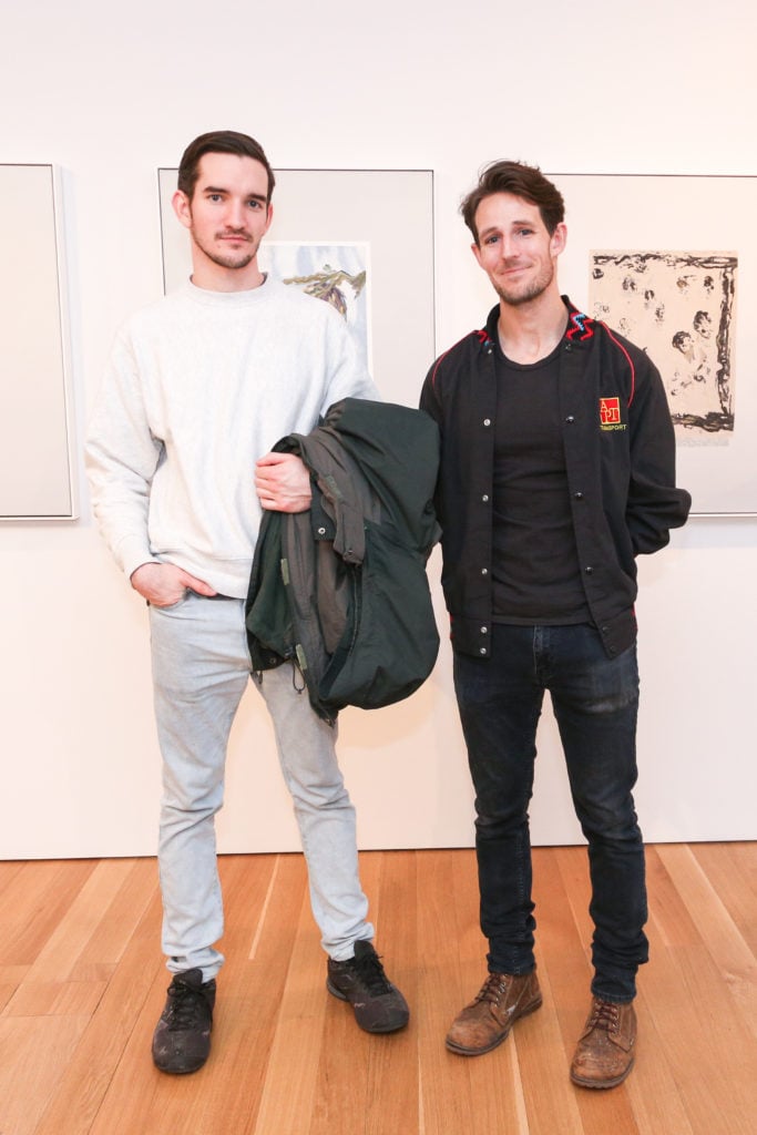 Conor Backman and Chason Matthams at the opening for Etel Adnan, Gerhard Richter, and Cynthia Daignault at FLAG Art Foundation. Courtesy of Shane Drummond/BFA.