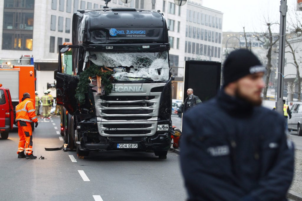 The lorry truck that ploughed through a Christmas market in Berlin on December 19, 2016. Photo Michele Tantussi/Getty Images.