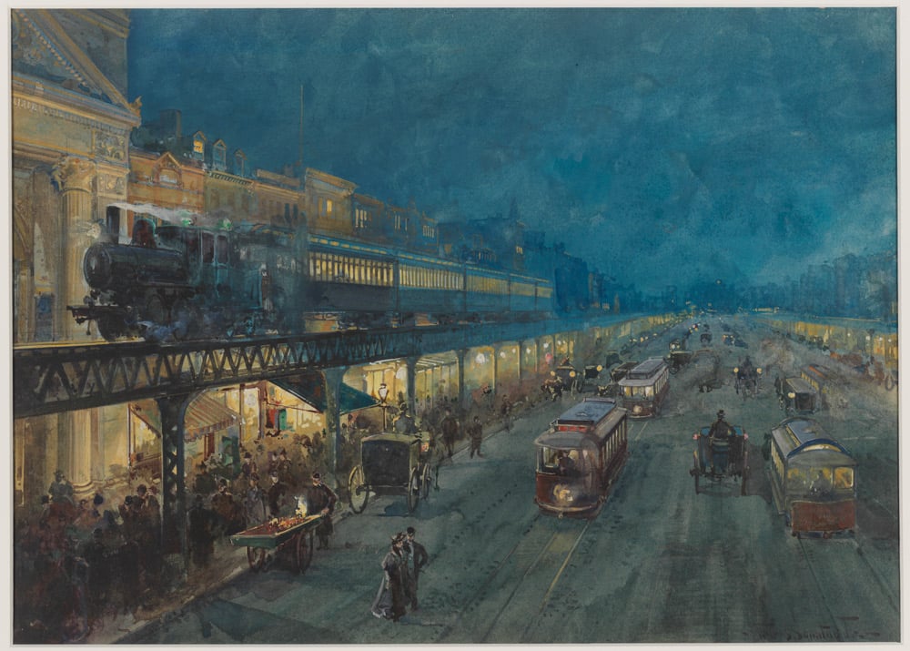 William Louis Sonntag Jr., <em>Bowery at Night, c. 1895). Courtesy of the Museum of the City of New York.