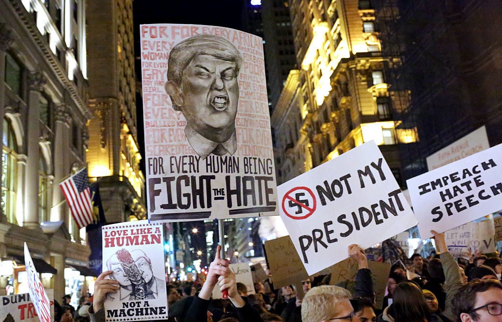 Protesters demonstrate against Trump on November 12, 2016 in New York. Photo courtesy Yana Paskova/Getty Images.