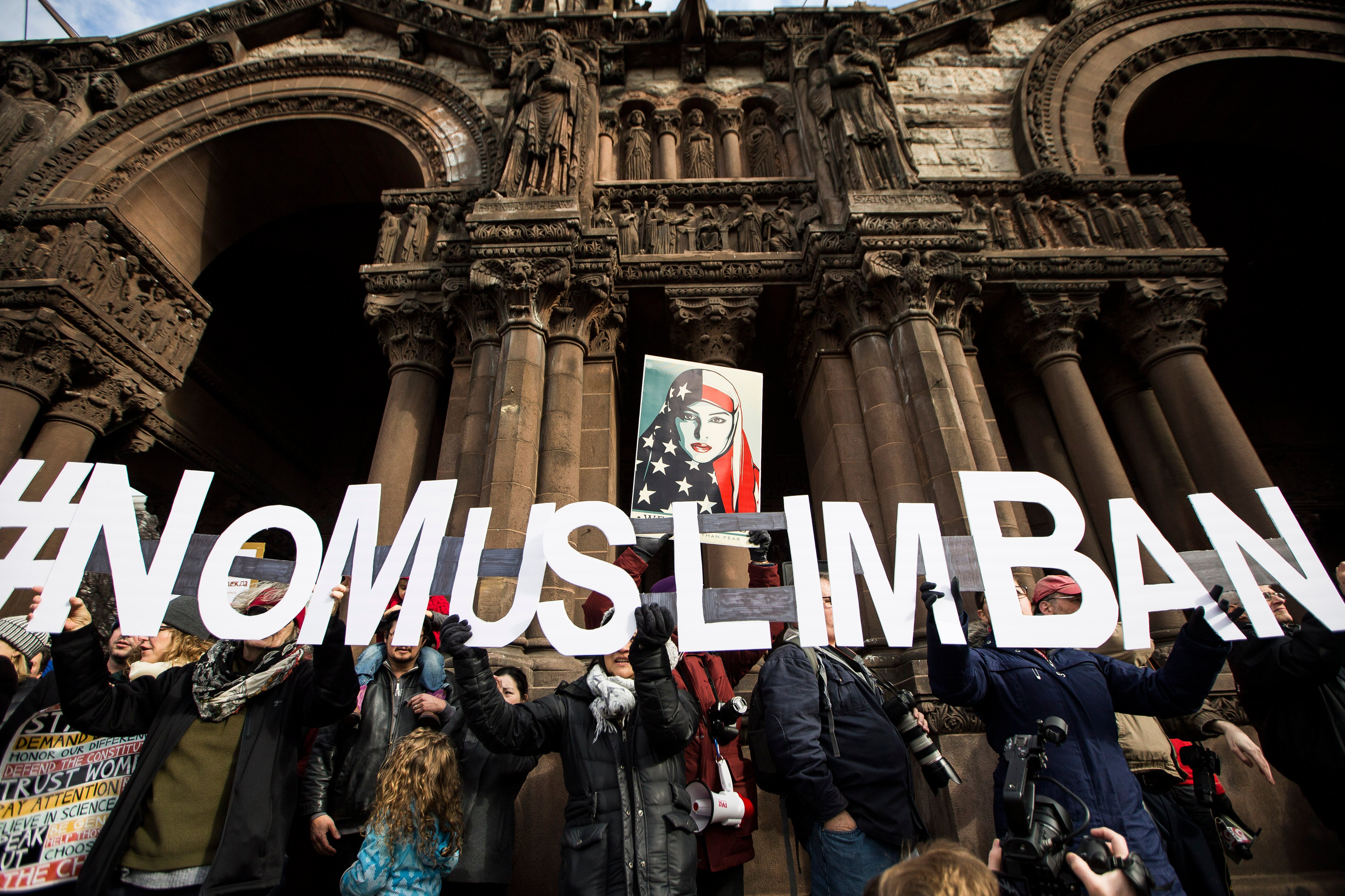 People take part in a protest in Copley Square in Boston on Jan. 29, 2017. Thousands gathered to protest President Donald Trump's executive order banning people from several predominantly Muslim countries from entering the country. Courtesy of Keith Bedford/The Boston Globe via Getty Images.