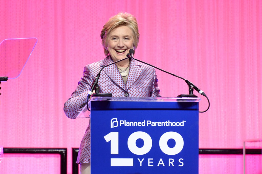 Hillary Clinton speaks onstage at the Planned Parenthood 100th Anniversary Gala at Pier 36 on May 2, 2017 in New York City. Courtesy of Andrew Toth/Getty Images.