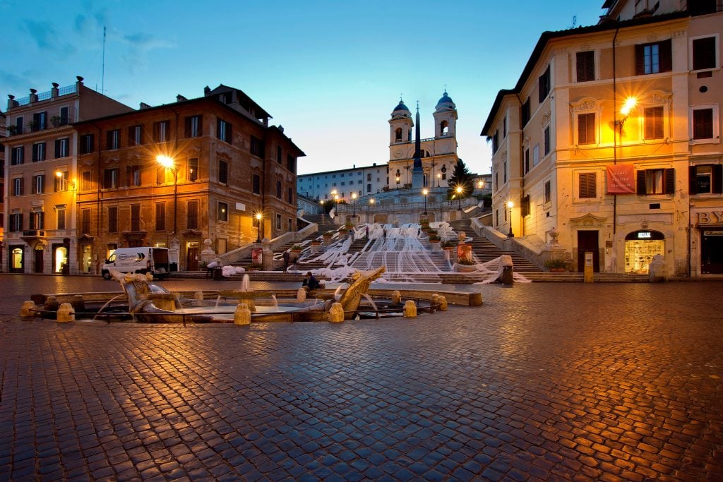 The Spanish Steps at Piazza di Spagna in Rome at dusk. Photo by Mauro Flamini/REDA & CO/Universal Images Group via Getty Images.