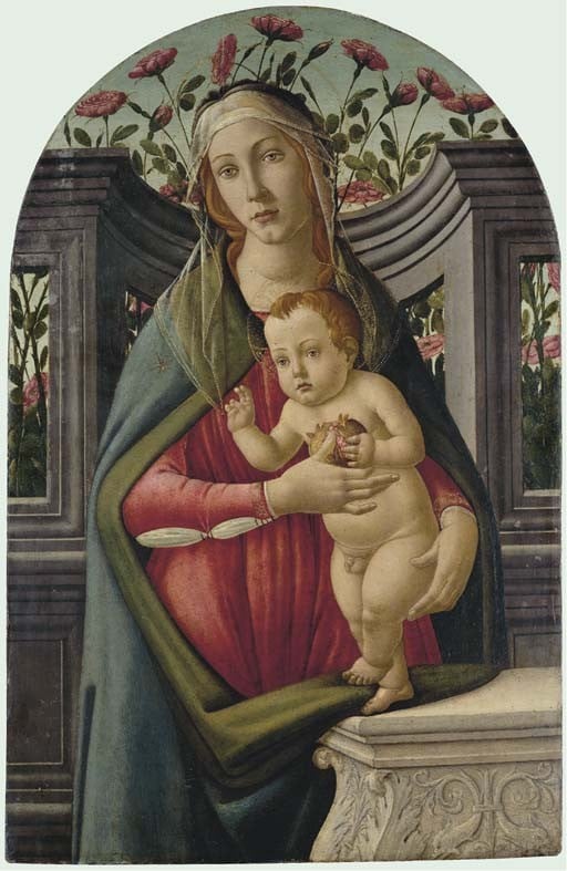 Sandro Botticelli, <em>The Madonna and Child, with a pomegranate, in an alcove with roses behind</em>. Courtesy of Christie's London. 