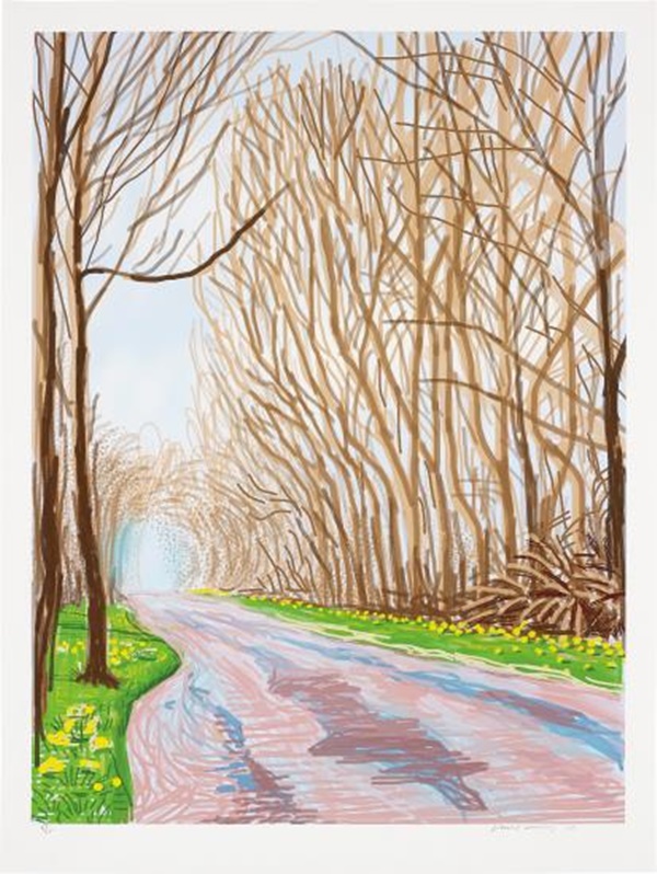 David Hockney, <i> 1 April, from The Arrival of Spring in Woldgate, East Yorkshire in 2011, (2011). </i>Courtesy Sotheby's