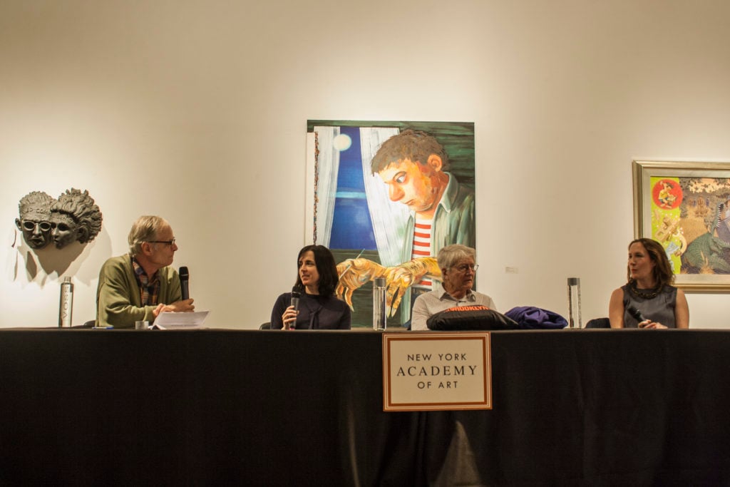 "Piss and Vinegar" panel. From left to right: Ken Johnson, Hilary Harkness, Peter Saul, and Natalie Frank. Photo courtesy of the New York Academy of Art.