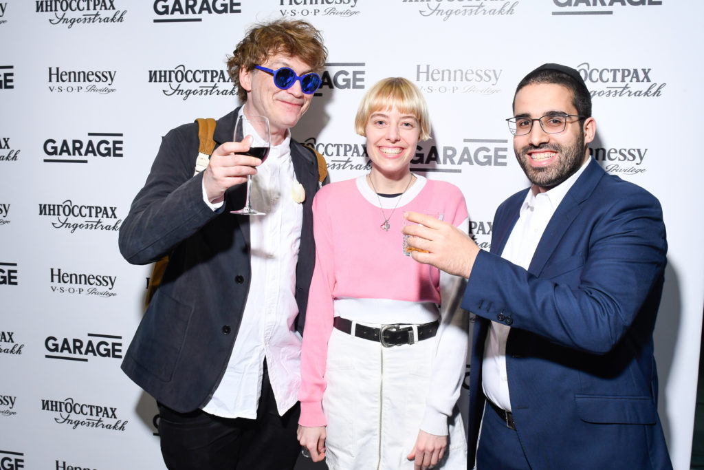 Pavel Pepperstein, Ksenia Dranish, and guest at the opening of the Garage Triennial of Russian Contemporary Art. Courtesy of the Garage Museum.
