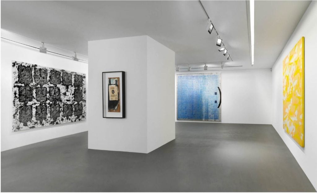 Installation view "The Age of Ambiguity." © Rashid Johnson, Courtesy the Artist and David Kordansky Gallery, Los Angeles; © The Estate of Jean-Michel Basquiat, Private Collection, Florida; © Jacqueline Humphries, Courtesy the Artist and Greene Naftali, New York; © 2017 The Andy Warhol Foundation for the Visual Arts, Inc. / Artists Rights Society (ARS), New York, Private Collection. Image Courtesy Vito Schnabel Gallery. Photographer: Stefan Altenburger.